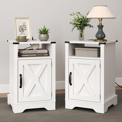 RoyalCraft Farmhouse Nightstand with Charging Station, Rustic End Table Set with Shelf and Storage for Bedroom or Home Office, Set of 2, White