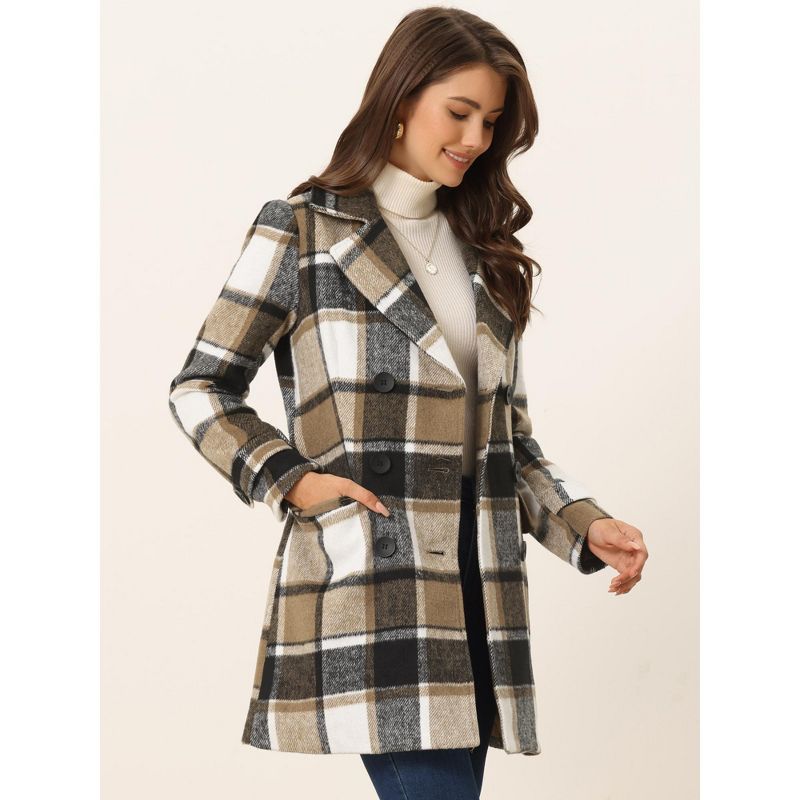 Allegra K Women's Notched Lapel Double Breasted Winter Plaids Overcoat, 3 of 7