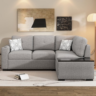 83.8" Convertible L-Shaped Pull-Out Sectional Sofa Bed with Storage Chaise, USB Ports, Power Sockets & Cup Holders
