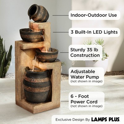 Rustic Stoneware Bowl and Jar Cascading Floor Fountain with LED Light