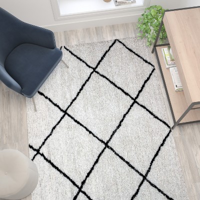 Ivory and Black Diamond Trellis Shag Rug, 5' x 7'