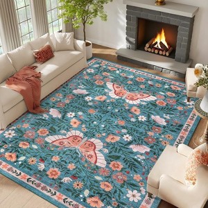 Butterfly Washable Rug - Non-Slip Floral Carpet, Soft Non-Shedding Low Pile Floor Mat for Nursery Dining Room - 1 of 4