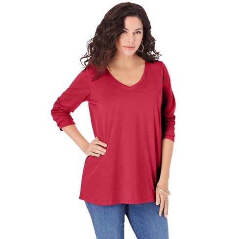 Women's Plus Size Long Sleeve V-Neck T-Shirt (Red, 0X, Numeric_14) at   Women's Clothing store