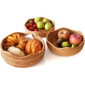 Aoibox Rattan Bread Baskets Set of 3, Round Woven Serving Basket Bowls, Natural Wicker Storage Basket for Kitchen Counter Organizing,Decorative Basket - 1 of 4