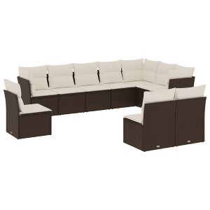 vidaXL Patio Sofa Set with Cushions Outdoor Furniture 10 Piece Poly Rattan - Brown and Cream Without Table - 1 of 4