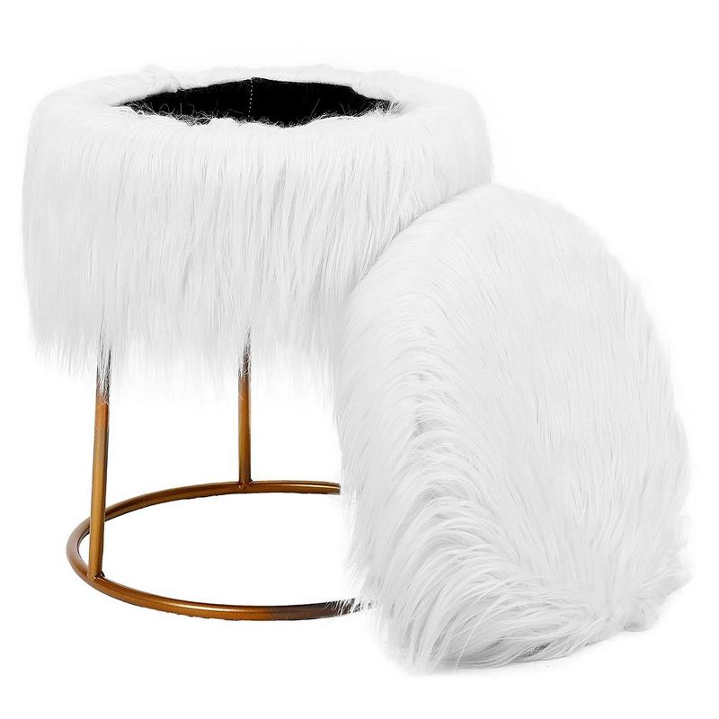 BirdRock Home Round White Faux Fur Foot Stool Storage Ottoman with Pale Gold Legs, 2 of 5