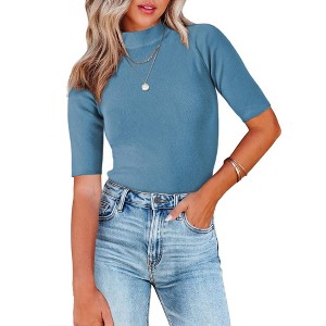 INSPIRE CHIC Women's Mock Neck Lightweight Slim Fit Half Sleeve Knit Pullover Sweater - 1 of 4