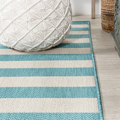 Ivory and Aqua Wide Stripe Reversible Indoor/Outdoor Rug