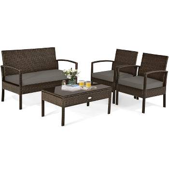Tangkula 4 PCS Rattan Wicker Furniture Set Loveseat Sofa Cushioned Patio Outdoor Brown