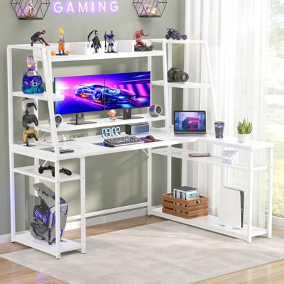 Aheaplus L Shaped Gaming Desk with Hutch, Corner Desk with Charge Station, LED Light