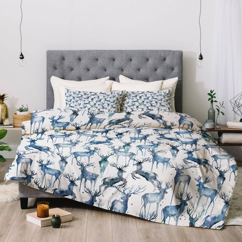 King Watercolor Deers Comforter Set Cold Blue - Deny Designs : Target