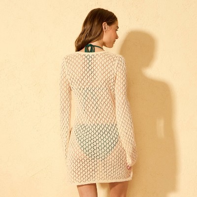 Женские платья Shade & Shore Women's Crochet Long Sleeve Short Dress Cover Up - Shade & Shore™ Cream M — фото 2