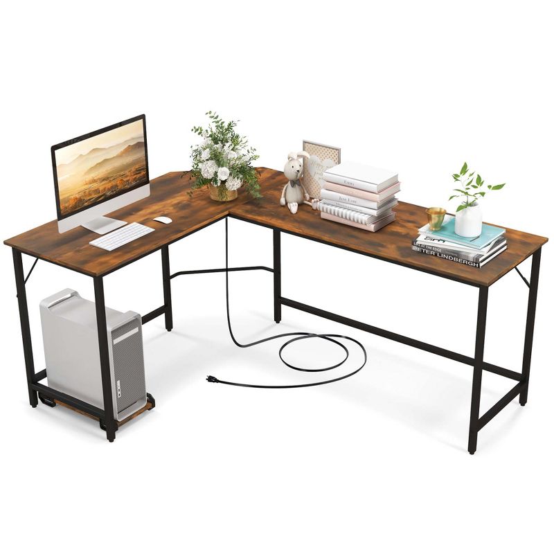 Costway L-shaped Gaming Desk Computer Desk with CPU Stand Power Outlets Rustic Brown/Black, 1 of 11