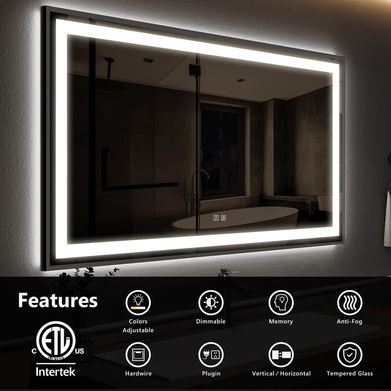 HOMLUX 36 in. W x 30 in. H Rectangular Framed LED Light with 3 Color and Anti-Fog Wall Mounted Bathroom Vanity Mirror in Black, 4 of 10