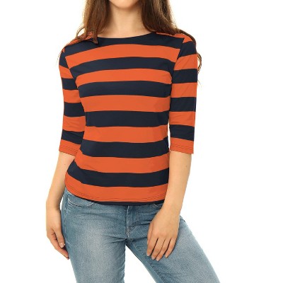 Allegra K Women's Elbow Sleeves Casual Basic Boat Neck Slim Fit T-Shirts  Orange Navy Small