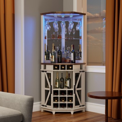 OKD 72" Corner Bar Storage Cabinet, Tall Wine Bar Cabinet w/Barn Door & Adjustable Shelf, Home Bar Cabinet w/LED Light & Glass Rack