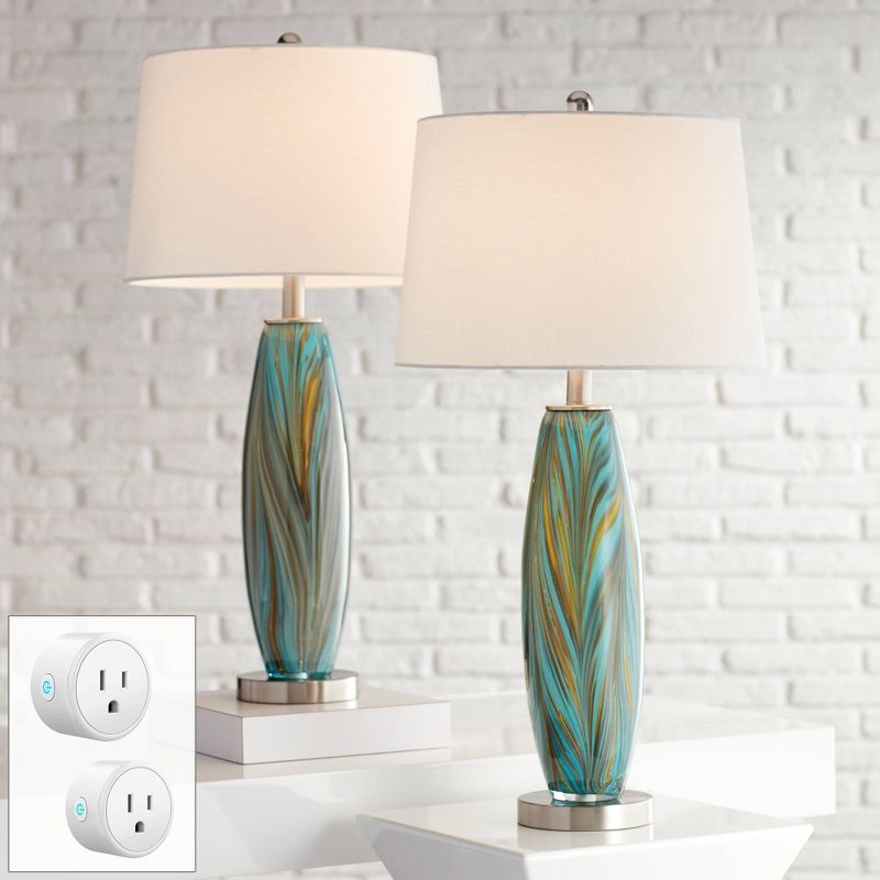 360 Lighting Azure 29 1/2" Tall Modern End Table Lamps Set of 2 WiFi Smart Socket Blue Brown Glass Living Room Bedroom White Shade (Colors May Vary), 2 of 10
