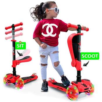 Hurtle ScootKid 3 Wheel Toddler Child Mini Ride On Toy Tricycle Scooter with Adjustable Handlebar, Foldable Seat, and LED Light Up Wheels, Red