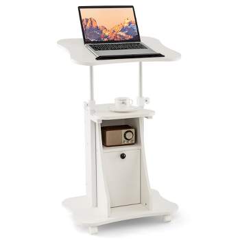 Costway Mobile Podium Stand Office Laptop Cart with Storage Adjustable Height White/Black