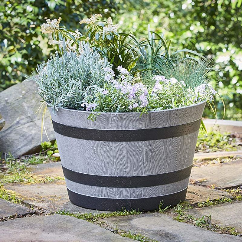Southern Patio HDR-055457 Resin Whiskey Barrel Indoor Outdoor Garden Planter Pot for Vegetables, Trees, Plants, and Flowers, Gray (3 Pack), 3 of 6