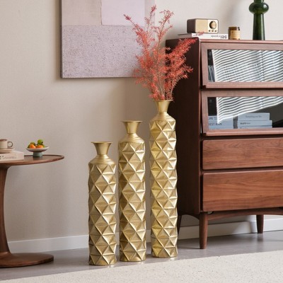 Grungis Flower Vase Set of 3,Gold Distressed Floor Vases with 3D Triangle Pattern for Bouquet,Tall Decorative Vases for Home Decor,Gold