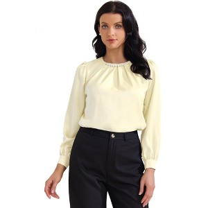 INSPIRE CHIC Women's Elegant Pearl Decor Ruched Crew Neck Long Sleeve Dressy Office Blouse - 1 of 4
