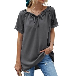 Anna-Kaci Women's Short Sleeve Peasant Blouse with Lace Trim Sleeves and Tie Neckline - 1 of 4