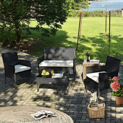 Modern Black Wicker 4-Piece Patio Set with White Cushions