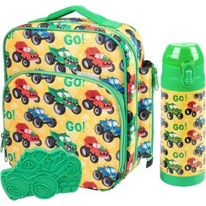 Bentology Kids Lunch Bag Set w Matching Water Bottle & Hard Ice Pack (Monster Trucks) Insulated Tote, Stainless Steel Insulated Thermos, Hard Ice Pack - 1 of 4