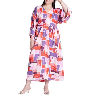 ELOQUII Women's Plus Size Printed Duster Dress With Tie