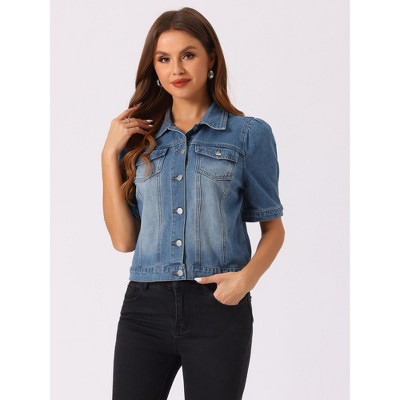 INSPIRE CHIC Women's Casual Short Puff Sleeves Button Down Jean Denim Jacket Large Medium BLue — фото 5