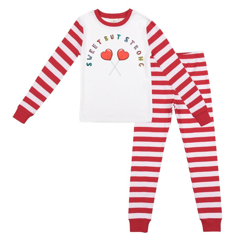 Sweet But Strong Youth Girls Red & White Striped Long Sleeve Shirt & Sleep Pants Set, 1 of 5