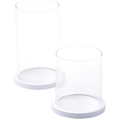 White Glass Hurricane Candle Holders with Wooden Base, Set of 2