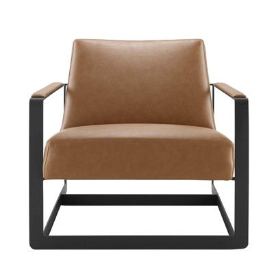 Tan Faux Leather Barrel Accent Chair with Metal Frame