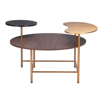 HomeRoots 55" Brown Black and Gold Wood and Steel Three Tier Coffee Table