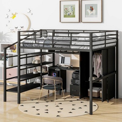 Streamdale Metal Loft Bed With table set and wardrobe, Full, Black