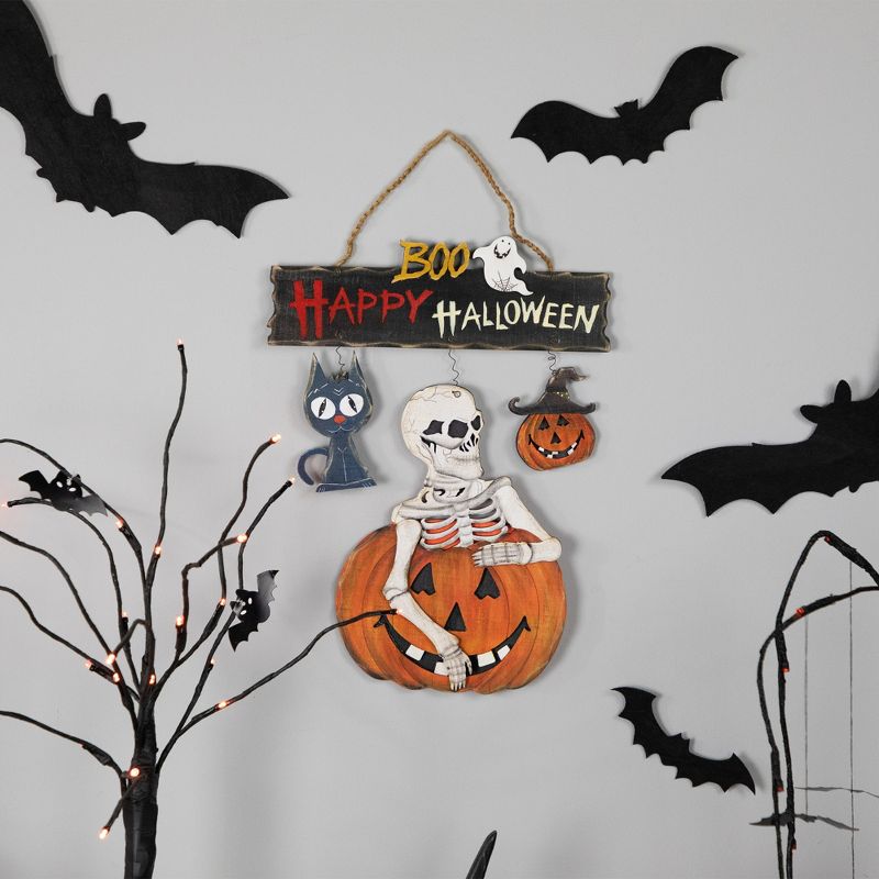 Northlight 14.5" Skeleton with Jack-O-Lanterns and Black Cat "Happy Halloween" Wall Sign, 3 of 7