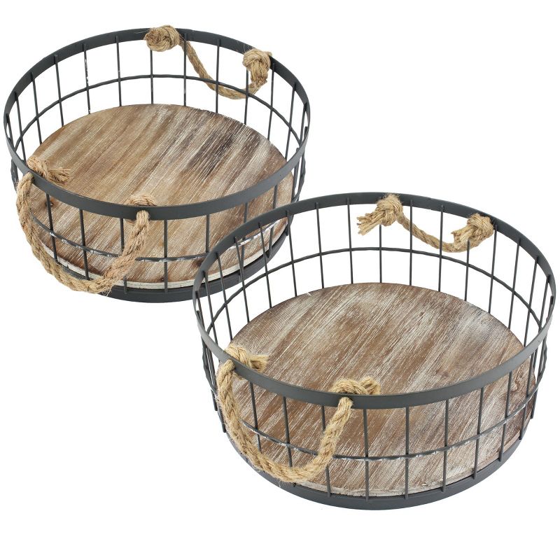 2pc Round Rustic Wood and Metal Basket Set Brown - Stonebriar Collection, 3 of 9