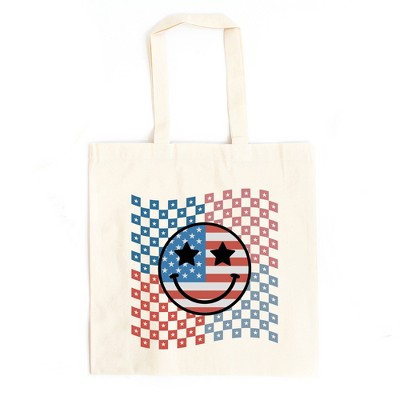 City Creek Prints Checkered Patriotic Smiley Face Canvas Tote Bag - 15x16 - Natural