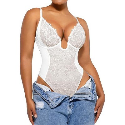 SHAPELLX Shapewear for Women Tummy Control Lace Bodysuit for Women Thong Body Shaper Bodysuit U Plunge Backless BodySuits—White 38