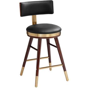 Studio 55D Walnut Bar Stool Brown 25 1/2" High Mid Century Black Leather with Backrest for Kitchen Counter Height Island
