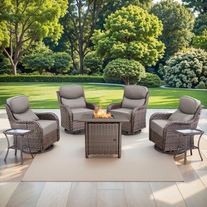 Gymojoy 7 Pieces Outdoor Patio Wicker Swivel Chair with 6 Inch Cushions and Fire Pit Table - 1 of 4