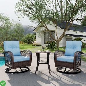 3-Piece Swivel Rocking Patio Chairs Set w/ 2 360-Degree Swivel Rocking Chairs Outdoor Wicker Patio Bistro Set - 1 of 4