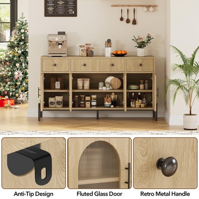 Natural Oak 62" Sideboard Buffet Cabinet with Acrylic Doors