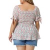 Agnes Orinda Women's Plus Size Floral Square Neck Smocked Bow Tie Short Sleeve Peplum Blouses - 4 of 4