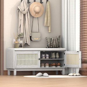 Whisen Boho Entryway Storage Bench, Wooden Shoe Bench, Cushioned Bench with Double Doors - 1 of 4