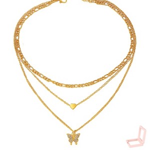 Gold-Tone Layered Necklace Set with Butterfly & Heart Charms, Boho-Chic Jewelry for Women, Daily & Party Occasions - 1 of 4