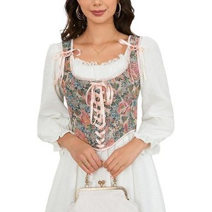 Acekool Women’s Vintage Floral Corset Lace-Up Vest, Vintage Pirate-Inspired Bustier with Embroidered Print - 1 of 4