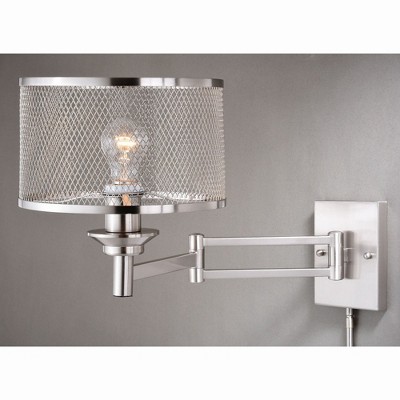 Satin Nickel Swing Arm Wall Lamp with Gray Linen Shade