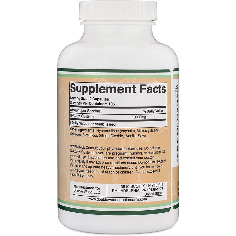 N-Acetyl Cysteine (NAC) - 210 x 500 mg capsules by Double Wood Supplements - Increases Glutathione Levels, 2 of 4